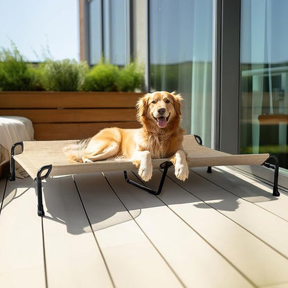 Veehoo Cooling Elevated Dog Bed, Raised Dog Beds for Large Dogs, Outdoor Dog Bed with Guardrail, Upgraded Non-Slip Feet, Breathable Teslin Mesh, Portable Camping Dog Cot, XXLarge, Beige Coffee CWC2404