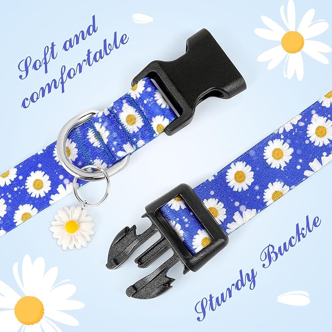 BiPawTi Floral Dog Collars for Medium Dog - Soft Cute Dog Collars for Girls Dog Pretty Flower Collar with Daisies Charms, Gift for Female Male Boys Girls Dogs (M, Blue)