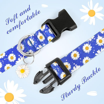 BiPawTi Floral Dog Collars for Medium Dog - Soft Cute Dog Collars for Girls Dog Pretty Flower Collar with Daisies Charms, Gift for Female Male Boys Girls Dogs (M, Blue)