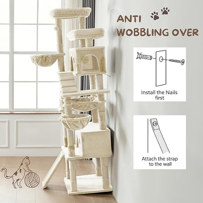Cat Tree, 80-Inch Large Cat Tower with 9 Scratching Posts, 2 Perches, 2 Caves, 2 Basket, 2 Stairs, Extra Large Hammock, Pompoms, Multi-Level Plush Cat Condo for Indoor Cats/Beige