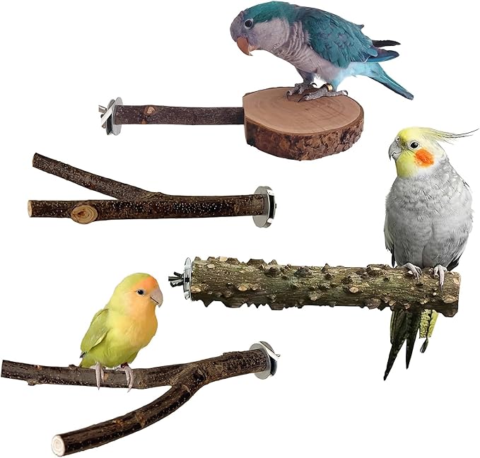 Bird Perches for Cage with Thick Thin Natural Wood, ROOJUNE Bird Cage Accessories 4 Pack Bird Perch Platform for Small Medium Parakeets Parrots Conures Cockatiels Finches Lovebirds