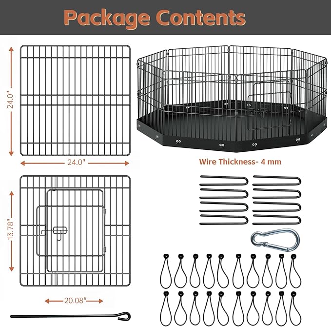 24__ Dog Playpen, 8 Panels Dog Pens with Bottom Pad, Metal Foldable Pet Puppy Exercise Fence Crate Kennel, Indoor Outdoor Escape Proof Pen for Small Medium Pets (with Bottom pad)