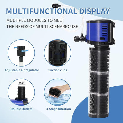 TARARIUM Aquarium Filter 400GPH for 55-200 Gallon Fish Tank, Biochemical Quiet Submersible Internal Powerful Pump Air Supply, Wave Maker 4 in 1, Small Ponds, Saltwater & Freshwater Crystal Clear