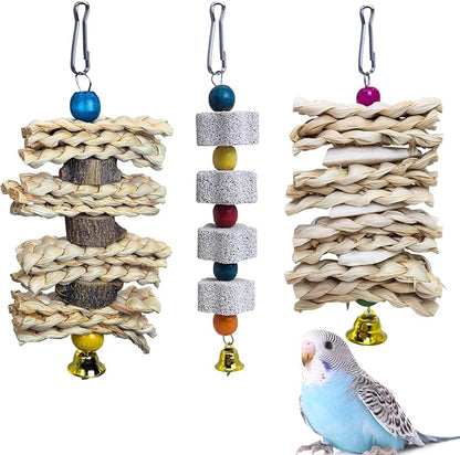 PINVNBY 3 Pack Parrot Toys Chewing Bird Toy Cuttlebone Beak Grinding Stone Cage Hanging Toys with Bell for African Greys Amazon Conure Eclectus Budgies Parakeet Cockatiel Hamster Chinchilla