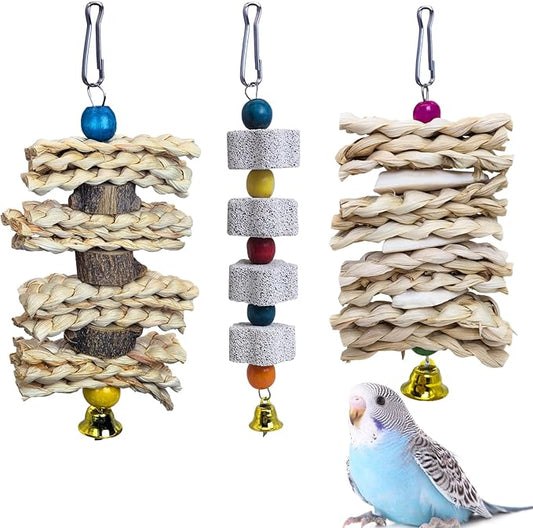 PINVNBY 3 Pack Parrot Toys Chewing Bird Toy Cuttlebone Beak Grinding Stone Cage Hanging Toys with Bell for African Greys Amazon Conure Eclectus Budgies Parakeet Cockatiel Hamster Chinchilla
