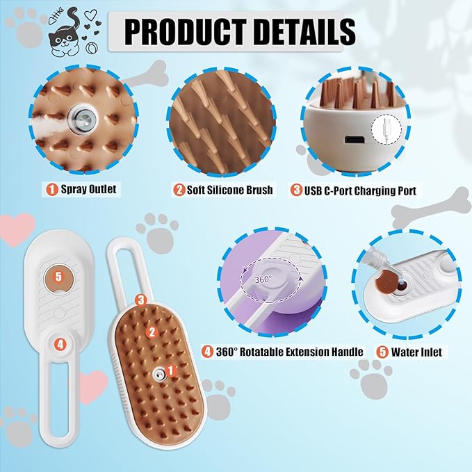 Cat Brush with Steam Cat Grooming Steamy Brush Misting Brush with Adjustable Handle for Cats Dogs Rabbits ALD-002-W (White)