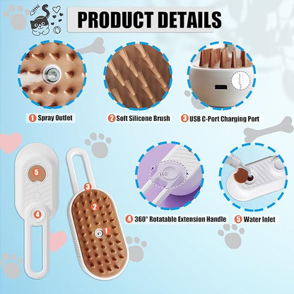 Cat Brush with Steam Cat Grooming Steamy Brush Misting Brush with Adjustable Handle for Cats Dogs Rabbits ALD-002-W (White)