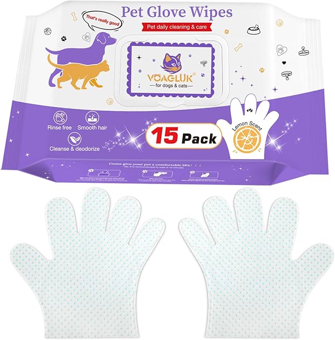 Dog Wipes 15 PCS Pet Cleaning and Deodorizing Bath Wipes for Dogs & Cats Rinse Free Grooming Gloves for Paws, Butt, Face and Fur