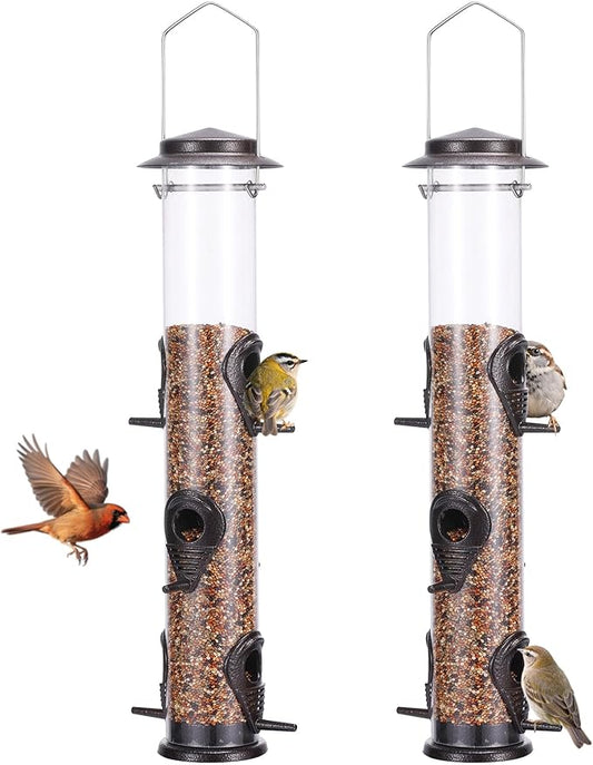 MIXXIDEA 2PK Metal Bird Feeders with 6 Feeding Ports,Tube Bird Feeder with Steel Hanger,Hard Plastic Wild Bird Feeder for Outdoors Hanging, Attracting Birds in Your Lawn, Garden, Balcony (Coffee)