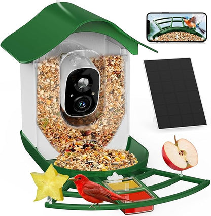 PeckCam® Smart Bird Feeder with Camera 2K HD Auto Detect & Notify, AI Identify 10000+ Birds Camera with Solar Panel 5 Perch Attachments Wireless Outdoor Birdwatching Gift for Birds Lover, Green