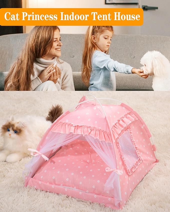 Cat Princess Bed Tent House - Kitty Cute Tent Indoor,Small Dog House Indoor/Outdoor Cave Nest Bed Small Dog Tent for Cat,Puppy Tent (15.7"x15.7"x14.5"/Pink)