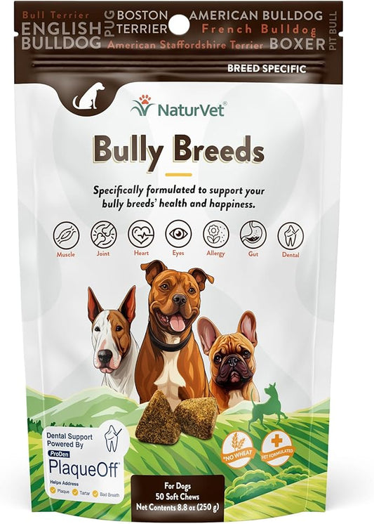 NaturVet Bulldog Breed Supplement- for Joint Support, Digestion, Skin, Coat Care- Dog Multivitamins with Minerals, Omega-3, PlaqueOff- Wheat-Free Vitamins for Dogs- Bully Breeds- 50 Soft Chews