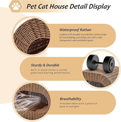 Cat House,Handwoven Cat Cave Pet Cube, Rattan Cat Beds Indoor Kitten House with Double-Sided Soft Cushions, Pet Cat House for Multiple Cats, for Living Room Bedroom
