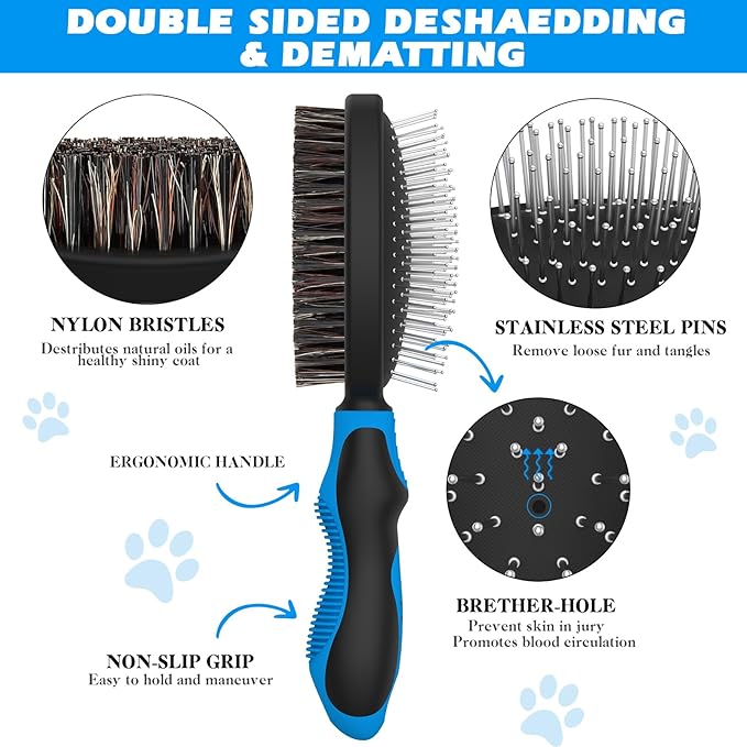 2PCS Dog Grooming Tools - Double-Sided Bath Brush for Shedding and Bathing, Suitable for Short/Long Haired Dogs, Premium Pet Supplies (Black Blue)