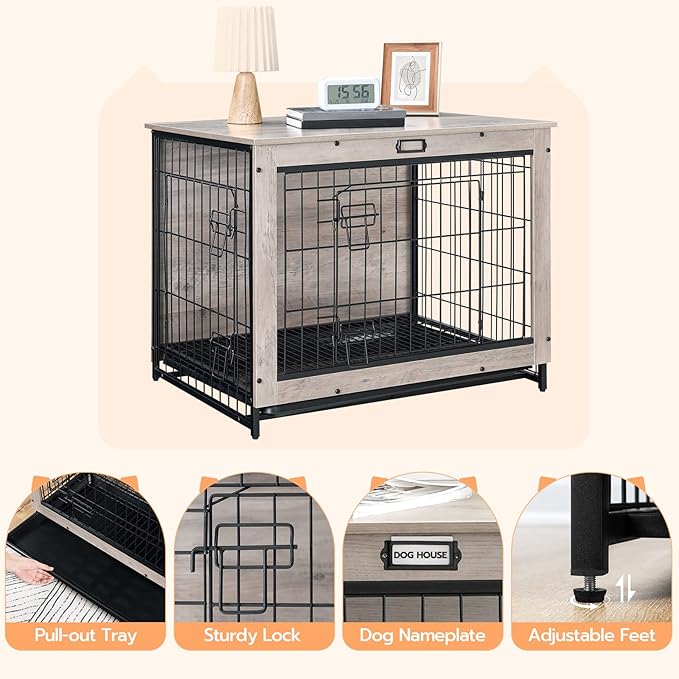 HOOBRO Dog Crate Furniture, 32.5" Medium Dog Kennel Indoor, Wooden Cage with Pull-Out Tray, Double Doors Pet House Side End Table for Medium/Small Dogs, Greige BG802GW03