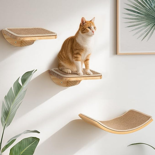 Cat Window Perches, Curved Cat Wall Sisal Mat Bed and 2 Floating Wall Steps, Wall Mounted Climbing Shelves for Sleeping, Playing, and Lounging