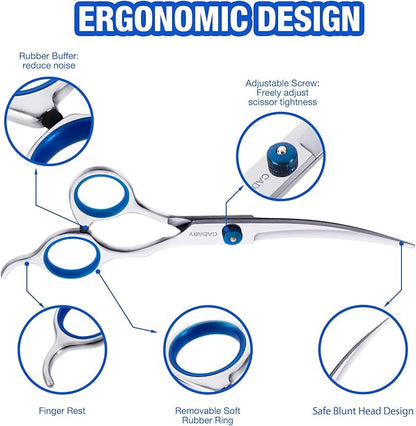 Dog Grooming Scissors,3 in 1 Dog Scissors with Safety Tips, Professional Stainless Steel Thinning Shears, Curved Pet Grooming Scissors Kit