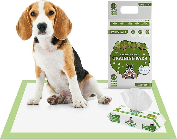 Pogi's Pads n' Wipes Bundle - 20 Medium Sized Dog Training Pads with Sticky Tabs (18 x 24 inches) and 100 Plant-Based, Hypoallergenic Pet Wipes for Dogs