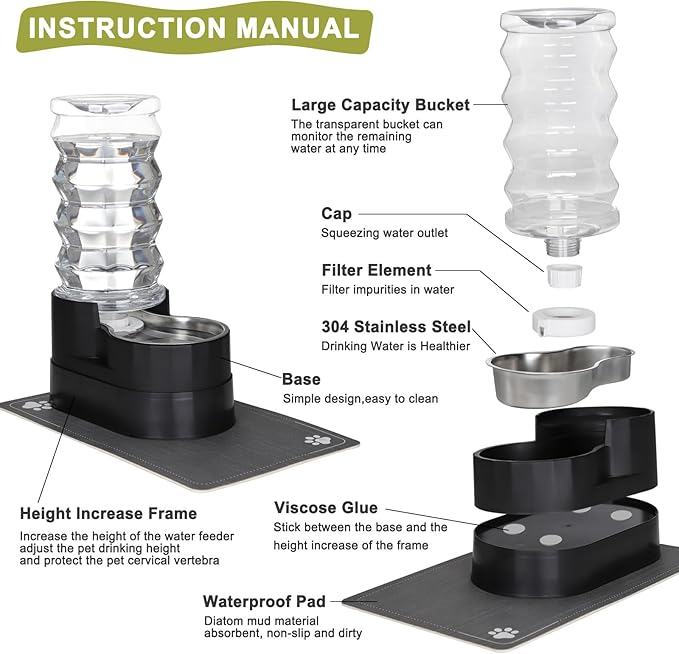 RIZZARI Large Water Dispenser for Dogs: 8L Gravity Black Automatic Stainless Steel Waterer - 100% BPA Free - Raised Pet Feeder for 20-42 LB Senior Dogs with Joint Pain in Bedroom Garden