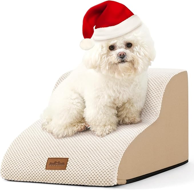 Dog Stairs for Small Dogs 11.8" H, Pet Step with Leakproof Cover, High Density Foam Cat Ramp for Chair or Sofa, Lightweight, Durable, Comfort, 15.7x19.7x11.8 inch, 2 Tiers, Beige