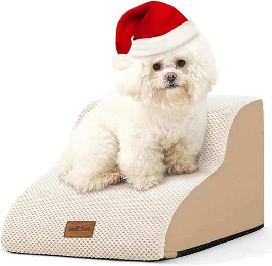 Dog Stairs for Small Dogs 11.8" H, Pet Step with Leakproof Cover, High Density Foam Cat Ramp for Chair or Sofa, Lightweight, Durable, Comfort, 15.7x19.7x11.8 inch, 2 Tiers, Beige