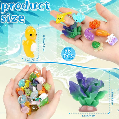 56 Pcs Ocean Mini Resin Animals Sea Tiny Animals Axolotl Seal Shark Turtle Mini Resin Figures Aquarium Ornaments Fish Tank Decorations Garden Fairy Accessories Party Favors