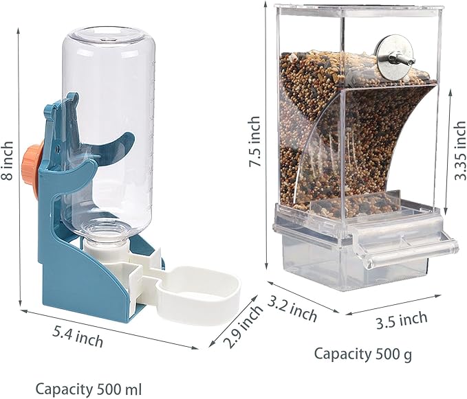 No Mess Bird Feeder Water Dispenser Set, SHGNUY Automatic Transparent Parrot Feeder Acrylic Parrot Food Container Drinker Cage Accessories for Small Birds Canary Parakeet Finch (Dark Green, 1)