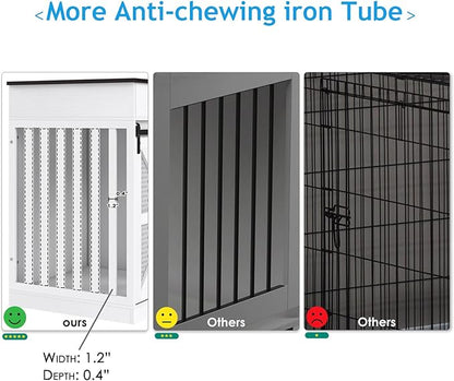 48'' Large Dog Crate Furniture with Divider and 3 Drawers, Wooden Double Dog Cage TV Stand with 2 Sliding Barn Doors, Extra Large Dog Cage Table, Sturdy Dog Kennel Indoor(White)