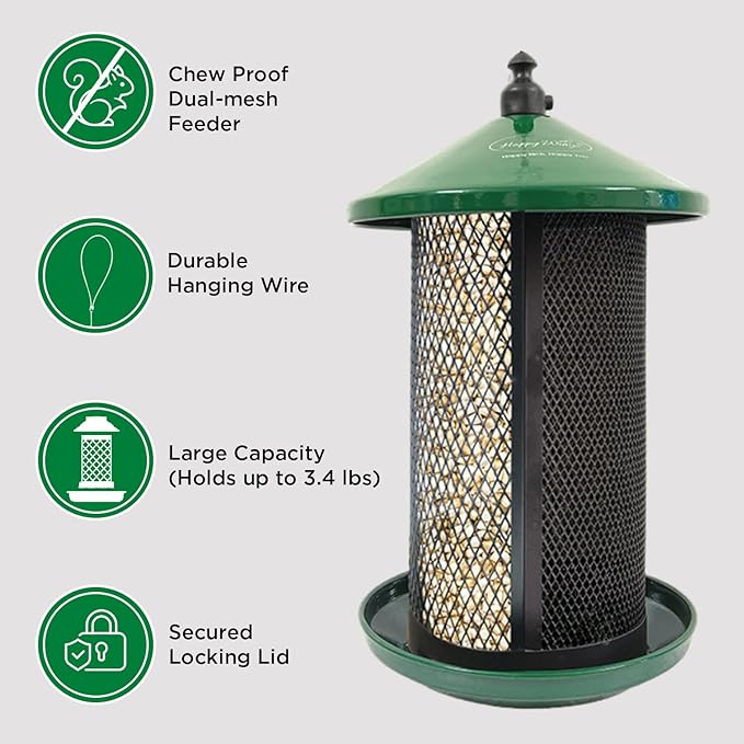 Happy Wings Portable Dual Mesh Metal Hanging Finch Bird Feeder - Durable & Heavy- Duty with 360° Perch & 2 Separate Seed Compartments - Holding Capacity: Upto 3.4 lbs (1.5 Kg) - (Natural Green)
