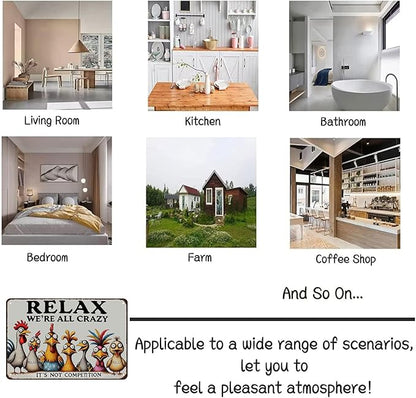 Funny Chicken Gifts Relax We‘re All Crazy It's Not Competition Tin Sign for Home Farm Chicken Coop Farmhouse Kicthen Garden Decor 8 X 12 Inch (3621)