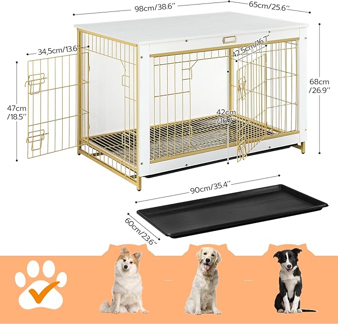 HOOBRO Dog Crate Furniture, 38.6" Large Dog Kennel Indoor, Wooden Dog Crate with Pull-Out Tray, Double Doors Dog House, Modern Side End Table for Small/Medium/Large Dog, White DW982GW03