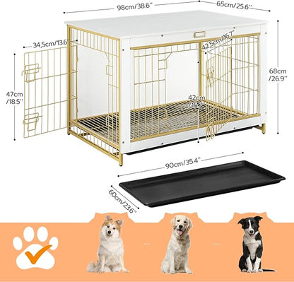HOOBRO Dog Crate Furniture, 38.6" Large Dog Kennel Indoor, Wooden Dog Crate with Pull-Out Tray, Double Doors Dog House, Modern Side End Table for Small/Medium/Large Dog, White DW982GW03