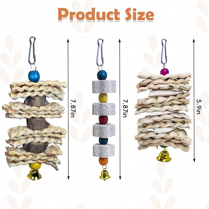 PINVNBY 3 Pack Parrot Toys Chewing Bird Toy Cuttlebone Beak Grinding Stone Cage Hanging Toys with Bell for African Greys Amazon Conure Eclectus Budgies Parakeet Cockatiel Hamster Chinchilla