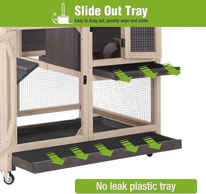 GUTINNEEN Rabbit Hutch Indoor 2 Story with 3 Doors, Outdoor Bunny Cage with Movable Wheels and Easy Clean Trays for Guinea Pig Cage 40.6" L