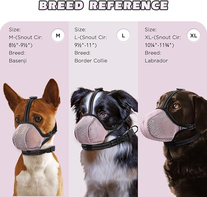 Dog Muzzle,Mesh Soft Muzzle for Small Medium Large Sized Dogs, Breathable Reflective Adjustable Puppy Muzzles with Collar for Scavenging Grooming Biting Chewing,Allows Panting and Drinking(Pink M)