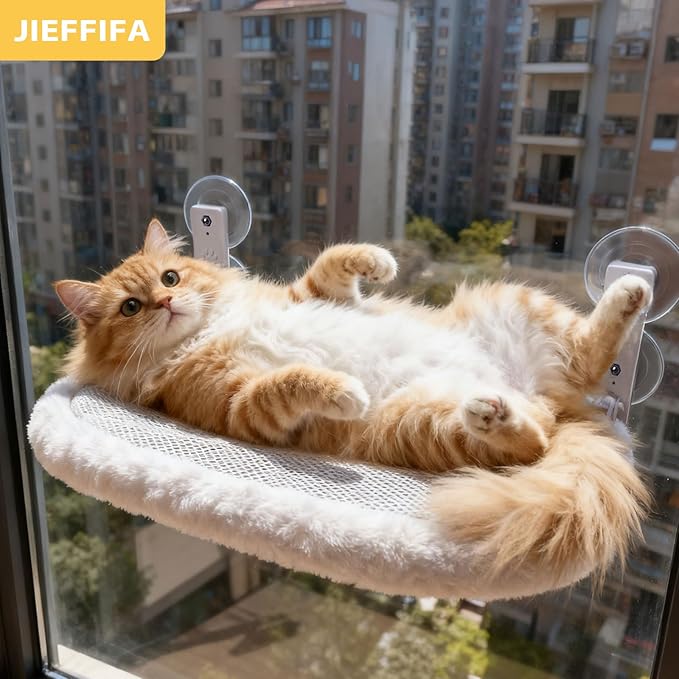 Cat Window Perch with Strong Suction Cups, 55lbs Hold Weight Tested, Foldable Cat Window Hammock Bed with Breathable Mesh, All-Season Lounger for Medium Small Cats to Bird Watch & Sunbathe (White, L)