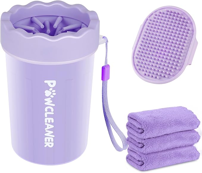 Dog Paw Cleaner for Dogs, (with 3Pcs Absorbent Towels & Adjustable Bath Brush) Dog Paw Washer, Pet Foot Cleaner (Purple, Medium)