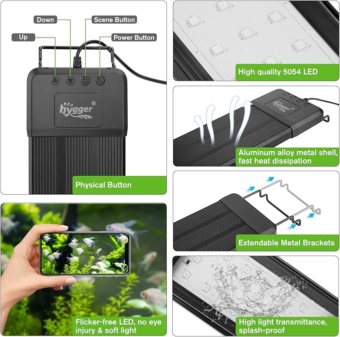 hygger 18W Smart Aquarium Light, Bluetooth LED Light with App Control, Full Spectrum Fish Tank Light with 24/7 Lighting Cycle, 5 Modes, Adjustable Timer, for 12"-18" Freshwater Planted Tank