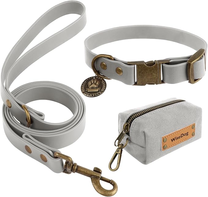 Wisedog Dog Collar and Leash Set, Waterproof Adjustable Puppy Collars with Cute Tag 6FT Dog Leash with Poop Bag for Small Medium Large Dogs (L(Collar:14"-22";Leash:5 ft), Grey)