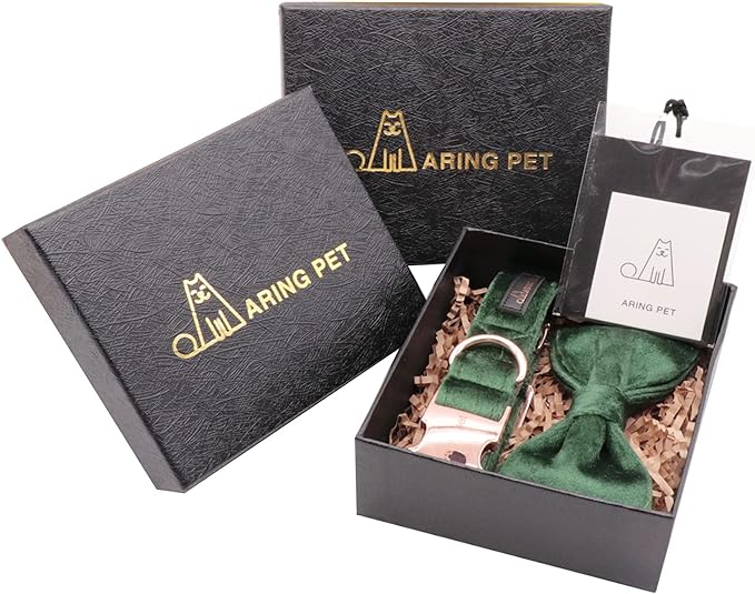 ARING PET Dog Collars with Bowtie-Velvet Dog Bow tie Collar, Adjustable Dark Green Dog Collar