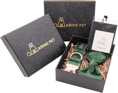 ARING PET Dog Collars with Bowtie-Velvet Dog Bow tie Collar, Adjustable Dark Green Dog Collar