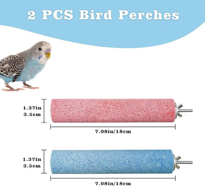 Dual-Textured Bird Perch, 2-Pack – Chewable Mineral Stone & Metal Rod Stand for Small/Medium Birds | Cage Mounted Perches for Beak Grinding, Claw Trimming (Blue & Pink)