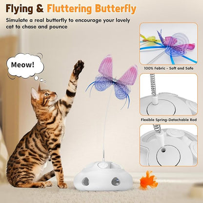 Interactive Cat Toys for Indoor Cats, 4in1 Pet Teaser Toy with Ambush Feather Wand, Motorized Fluttering Butterfly and Slow Feeder, Rechargeable Power Treat Puzzle Toys(White)
