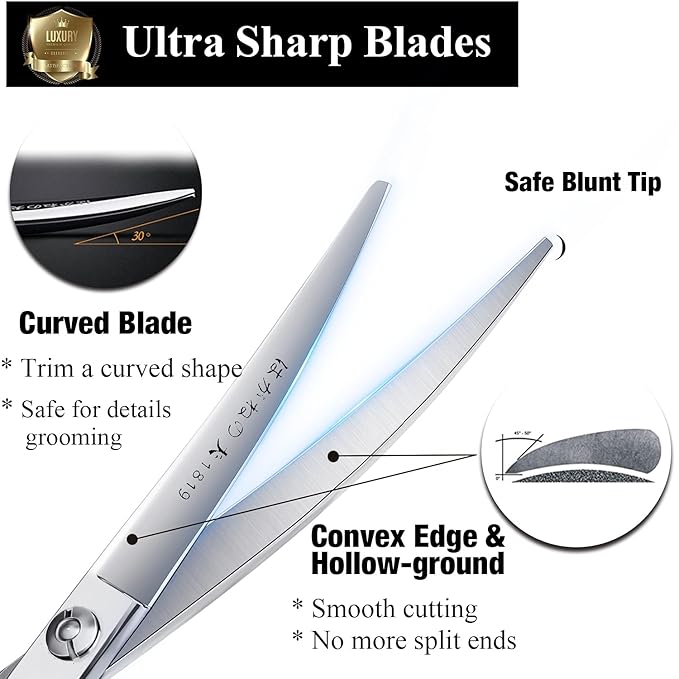 6" Hair Cutting Scissors Professional Curved Grooming Scissors for Small Dogs Cat & Hairstyle Barber Haircut Shears Japanese Stainless Steel Silent Adjustable Tension Removable Soft Ring