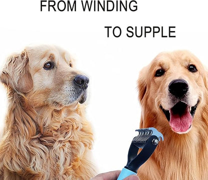 Double-Sided Pet Grooming Rake Comb for Dogs and Cats - Undercoat Dematting Tool with Flea Comb Set (Blue/11 tooth)