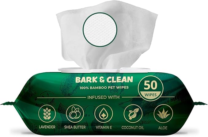 Dog Wipes for Cleaning and Deodorizing - Box of 50 Individually Wrapped 8.5" x 9" Bamboo Pet Wipes - Compostable, Hypoallergenic Puppy Wipes - Dog Wipes for Paws, Butt, and Body