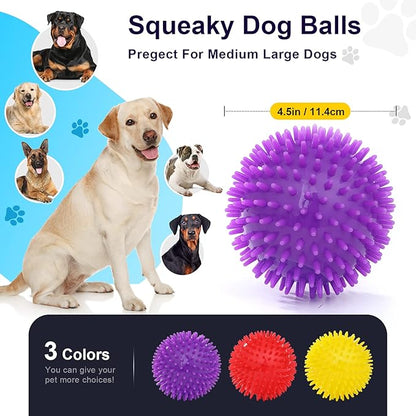 VITEVER 3 Colors 4.5” Heavy Duty Squeaky Dog Toy Balls for Medium Large Dogs, Dog Chew Toys for Teething, Spiky Dog Balls for Aggressive Chewers, Durable Dog Toys for Teeth Cleaning and Training