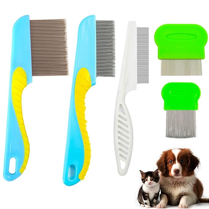5pcs Flea Comb,Dematting Comb for Dog and Cat,Stainless Steel Teeth Head Nit Comb for Small,Medium&Large Pets,Lice Combs,Tick Comb for Dogs,Dog Combs for Grooming(A-blue green white)