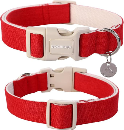 DOGWONG Cotton Hemp Dog Collar, Heavy-Duty Red Dog Collar Adjustable Soft Natural Fabric Pet Dog Collar Cute Wedding Puppy Necklace for Small Medium Large Dogs