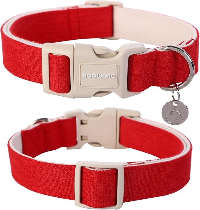 DOGWONG Cotton Hemp Dog Collar, Heavy-Duty Red Dog Collar Adjustable Soft Natural Fabric Pet Dog Collar Cute Wedding Puppy Necklace for Small Medium Large Dogs